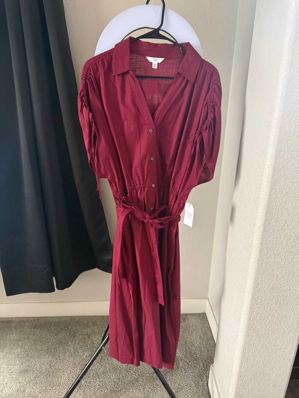 Time and Tru Wine Button-Front Midi Dress with Tie Waist